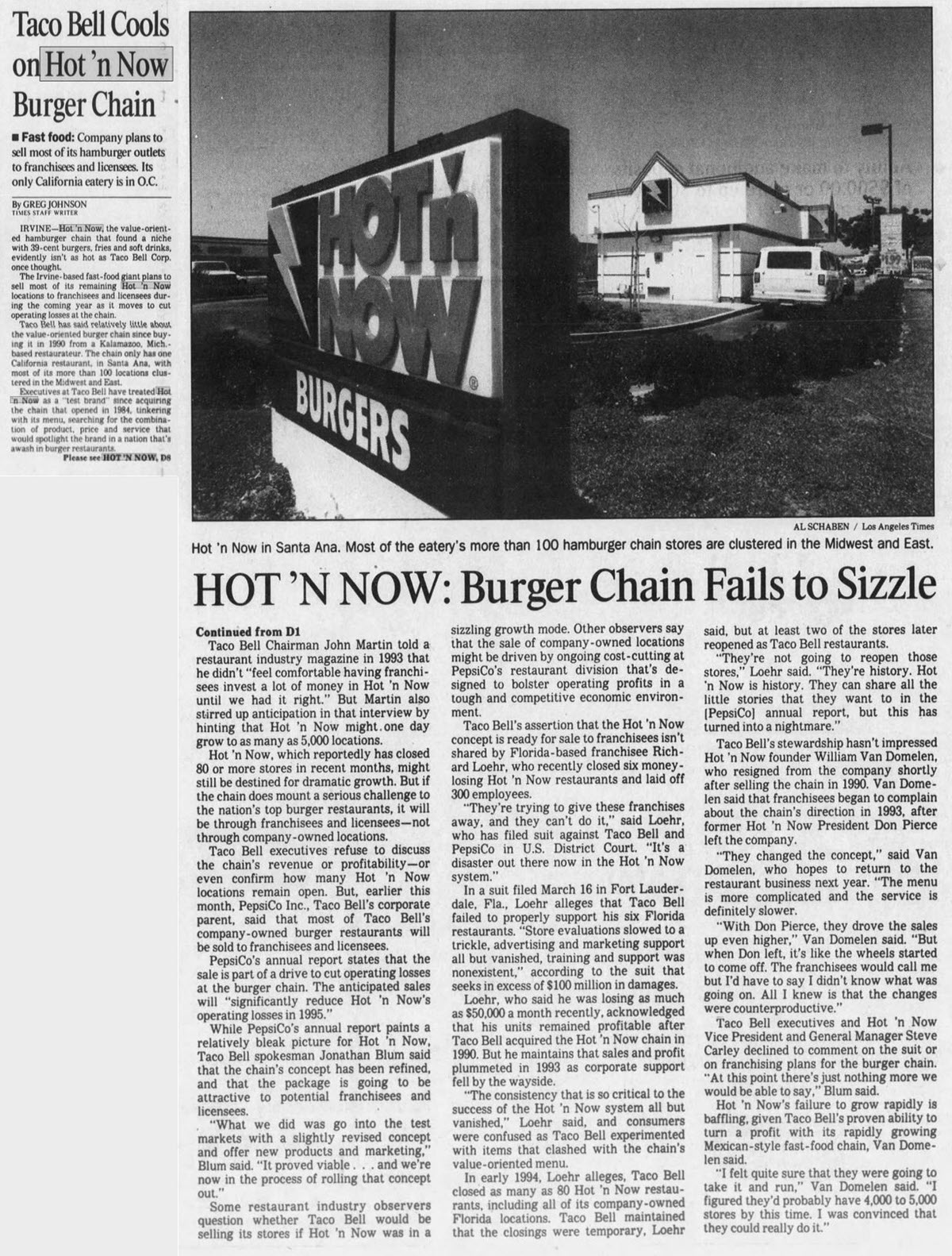 Hot n Now Hamburgers - Apr 26 1995 Article On Sale By Pepsi (newer photo)